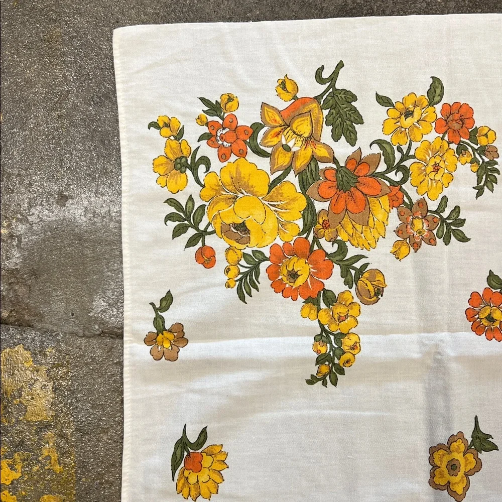 Vintage floral 52”X 48” squareish tablecloth yellow & oranges cotton Handmade